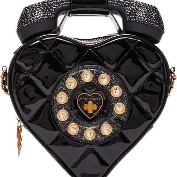 Betsey Johnson Kitsch Tag Black Quilted Heart Blue Tooth Phone Crossbody Bag - Picture 7 of 8